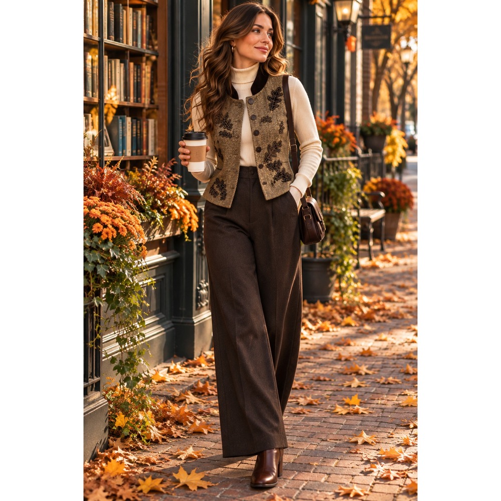 Talbots S Wool Silk Herringbone Vest Velvet Oak Leaf Applique Fall Heritage Prep